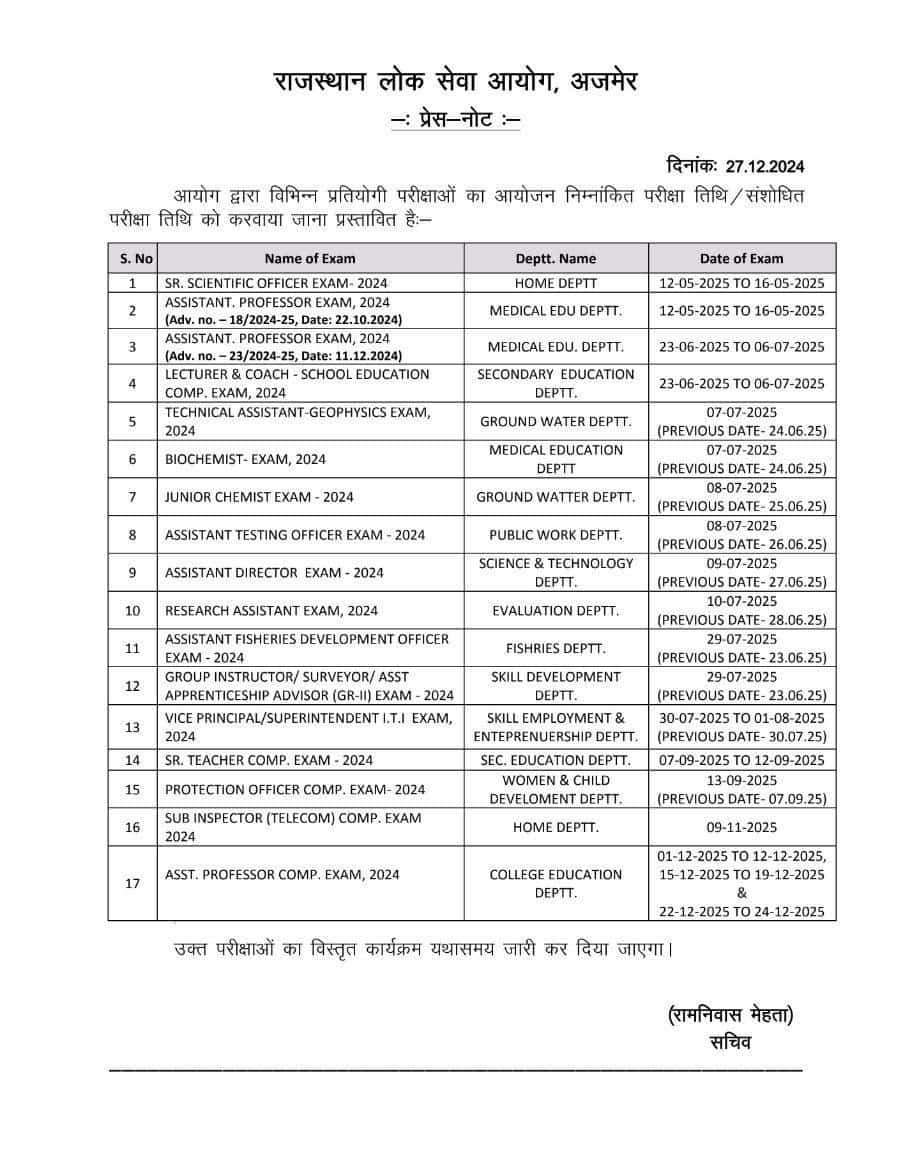 RPSC द्वारा 2025 में आयोजित होने वाली परीक्षाओं का कलेंडर जारी